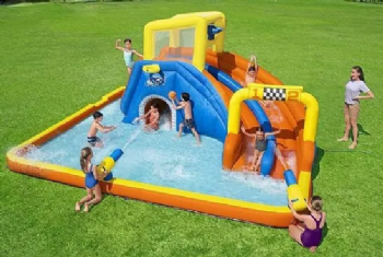מתקן קפיצה מתנפח עם מים | 53377 | פארק מים מסלול מירוצים | Bestway|מגלשה+קיר טיפוס+שיכשוכית